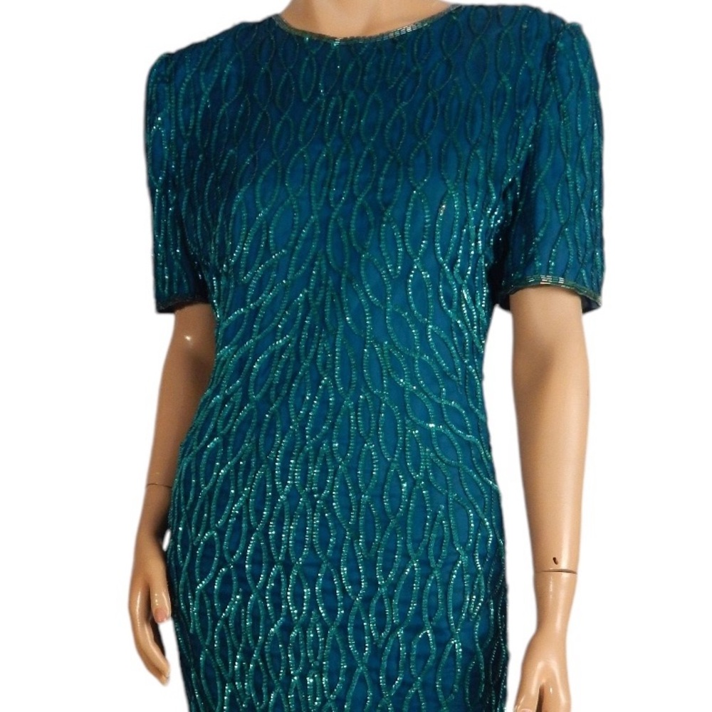 Laurence Kazar size medium fits 8-10 aqua blue sequin & beaded vintage  dress